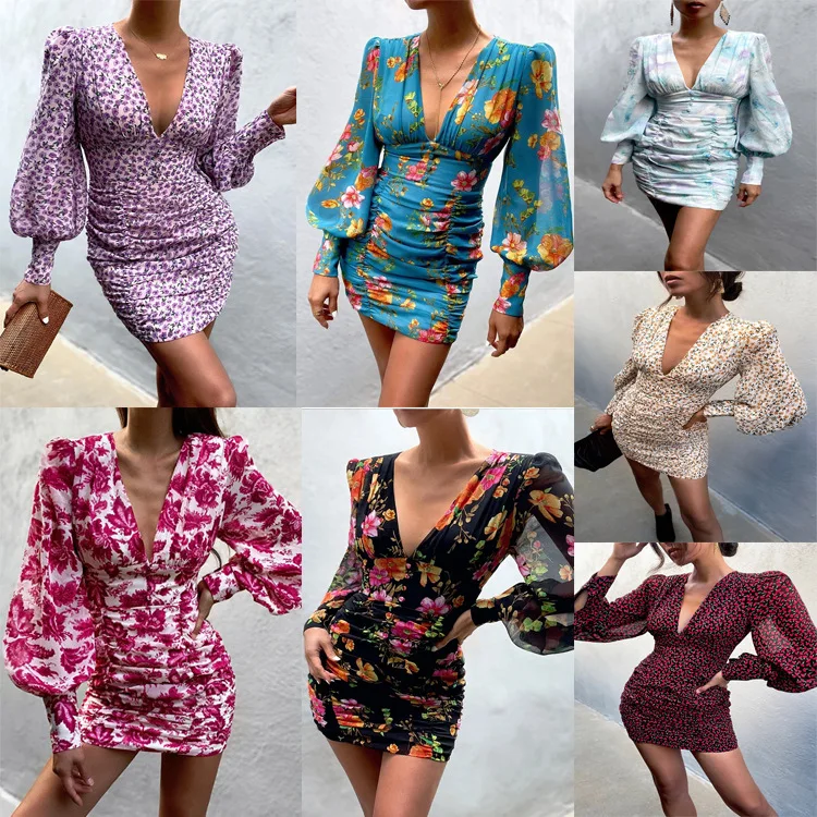 

Casual Printed V-neck Long Sleeved Hip Short Dress for Women 2021 Autumn Plus Size Sexy Bodycon Mini Dresses Vestidos Mujer XXL