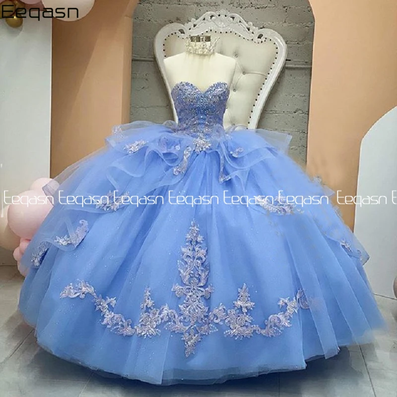 Eeqasn-impresionante vestido de quinceañera azul claro de 16 años, Apliques de encaje de cristal, vestido de princesa con cuello en V, vestido de graduación de 15 años