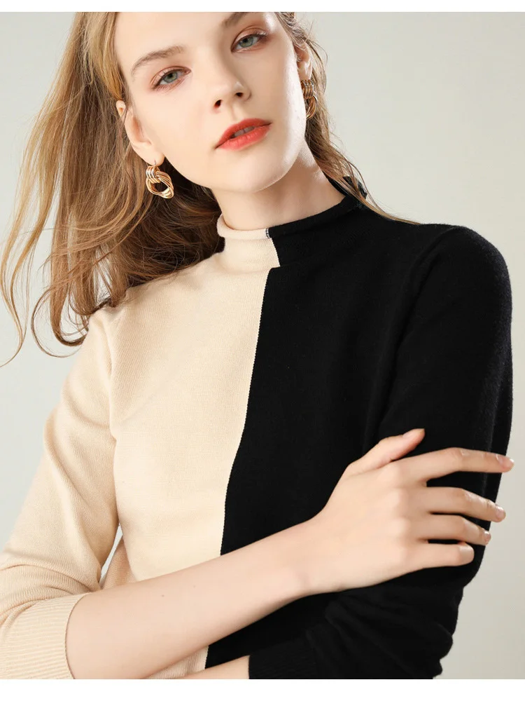 Женский трикотажный свитер с воротником-стойкой и длинным рукавом | Женская