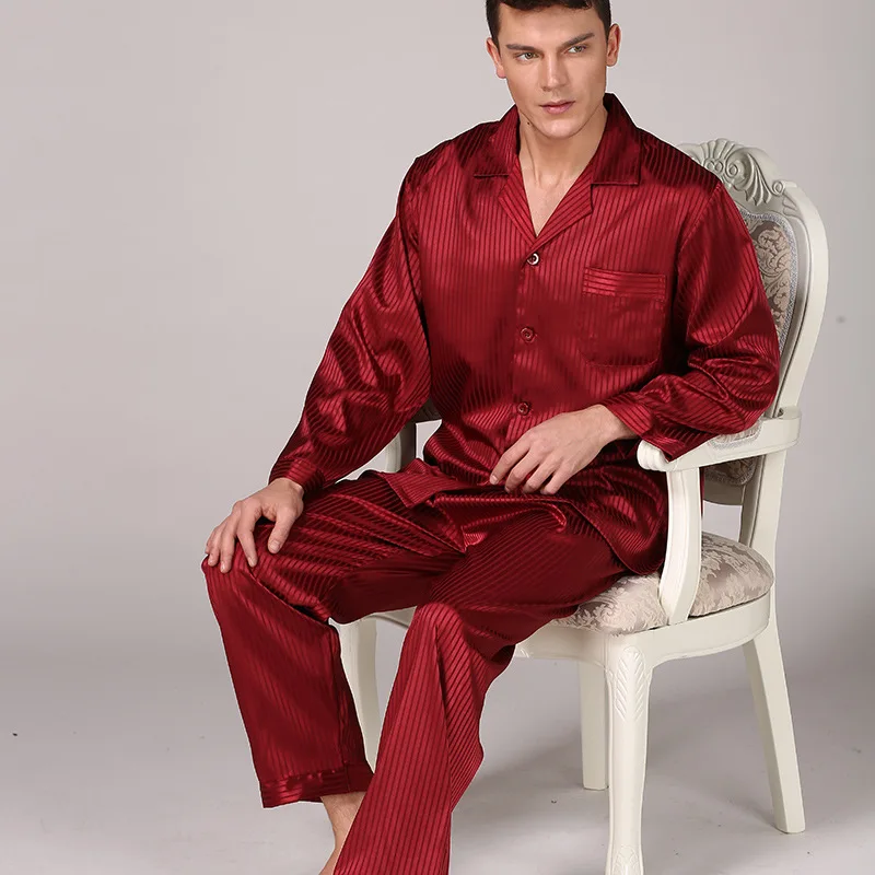 Red Мужской пижамный комплект, имитация шелка, Пижама для мужчин, полосатая пижама с длинным рукавом, брюки, Шелковый костюм, Большой размер, домашняя одежда - Цвет: Red