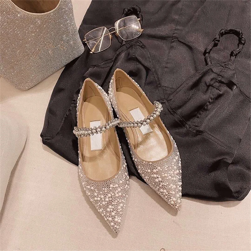 

2021 spring new ladies pointed toe flat shoes diamond decoration single shoes