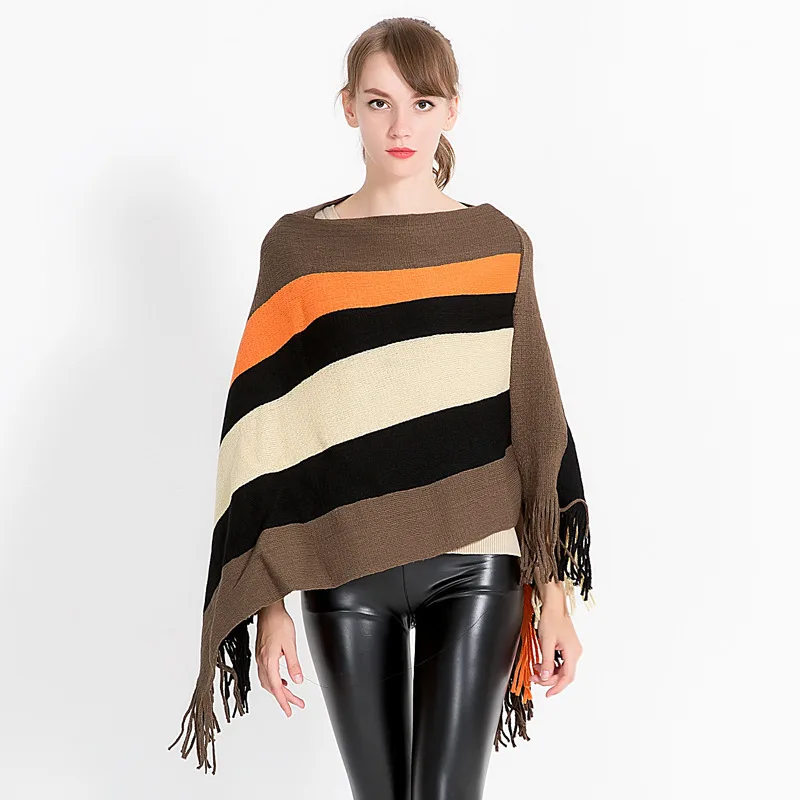 Осенне-зимний вязаный свитер с бахромой модные женские накидки + пончо