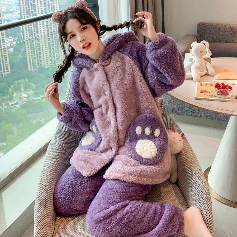 Winter Pajamas Plush Women Sleepwear Loose Version Pajama Set Inspissate Nightgown High Quality Packed Thicken Hooded женский