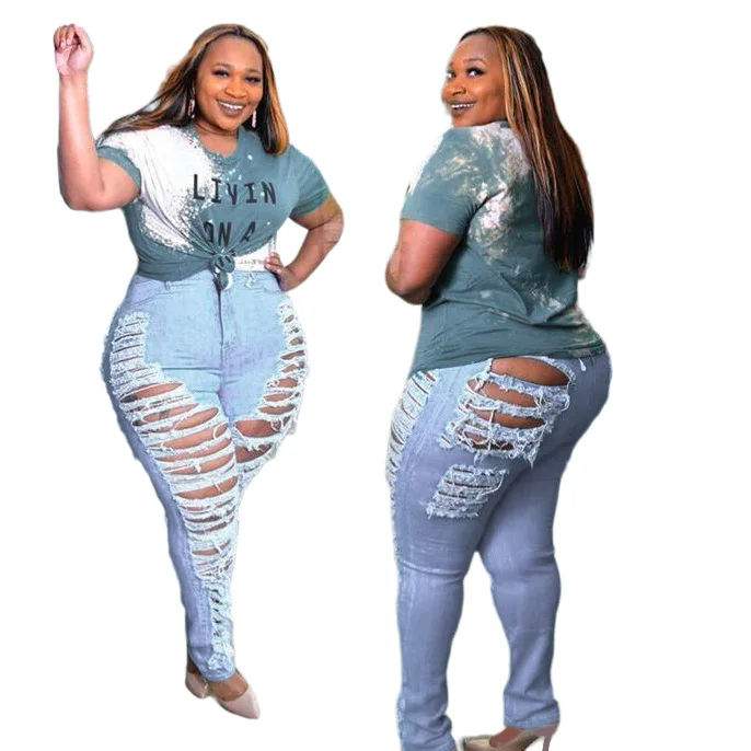 

New Arrivals Women Sexy Jeans Plus Size Nightclub Party Style High Waist Hollow Out Elastic Pencil Pants XL-5XL Autumn