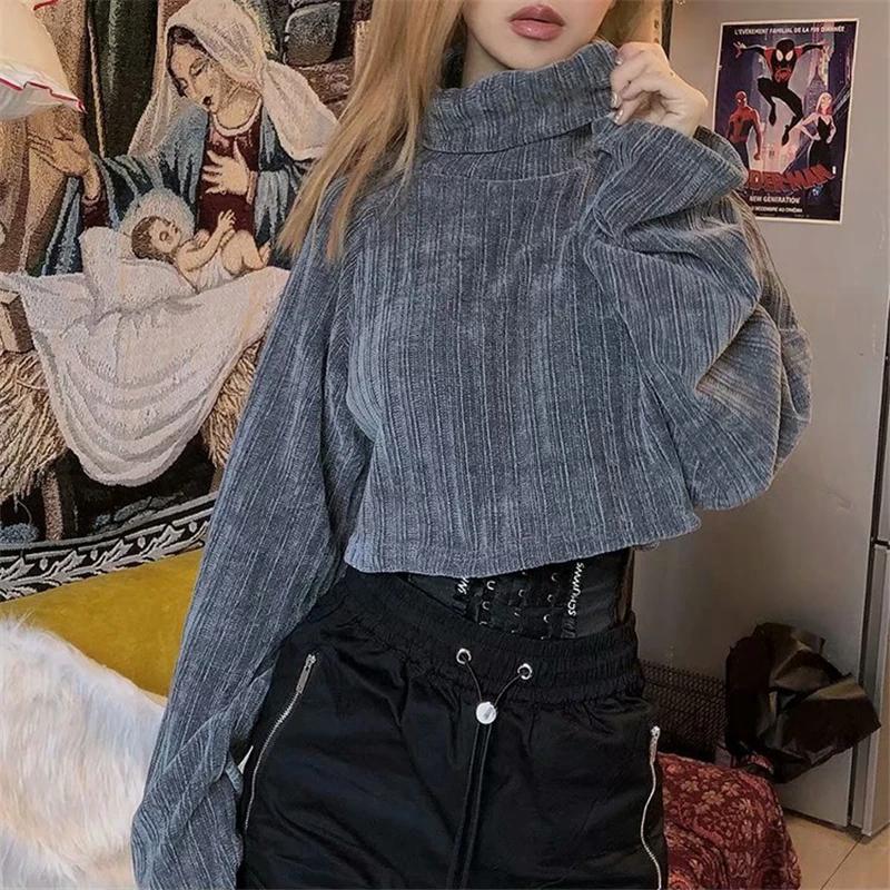 

ZXQJ Elegant Women Gray Sweaters 2020 Fashion Ladies Turtleneck Knitted Tops Streetwear Female Chic Loose Short Pullovers