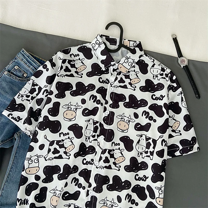 

Cow Printed Women Blouse Shirts Turn Down Collar Ladies Blouses Casual Tops Summer Short Sleeve Woman Blouses Harajuku Shirts