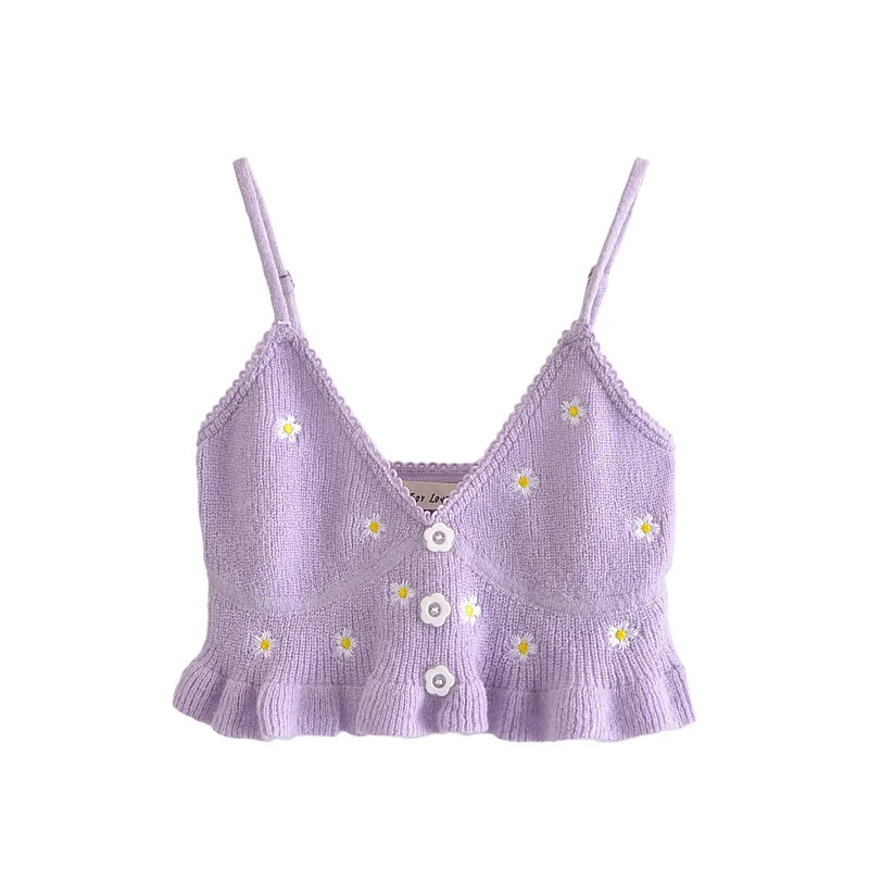 

PUWD Sweet Girls Embroidery Knitted Crop Camis 2021 Summer Fashion Ladies Ruffles V-Neck Short Top Vintage Women Chic Tops