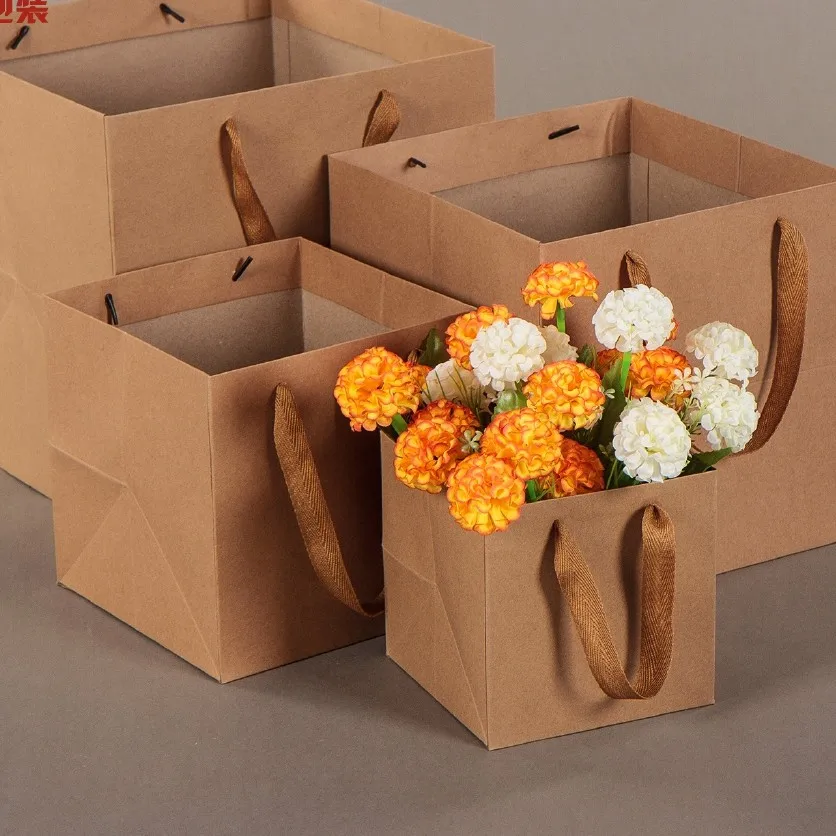 Цветочный магазин крафт бумажный пакет большая переносная сумка с квадратным
