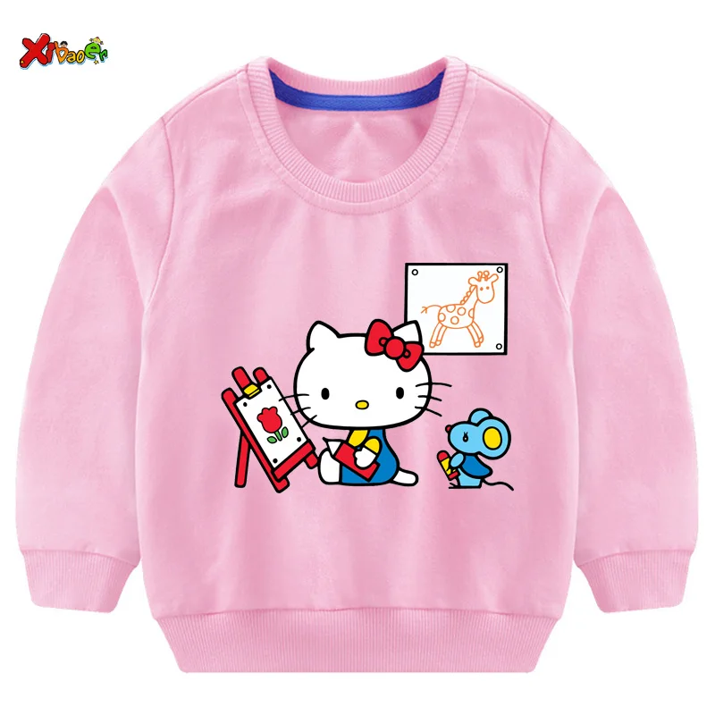 Свитшоты для маленьких девочек Футболка hello kitty г. Осенние толстовки для малышей, пуловер с длинными рукавами Модная одежда с героями мультфильмов красный, белый