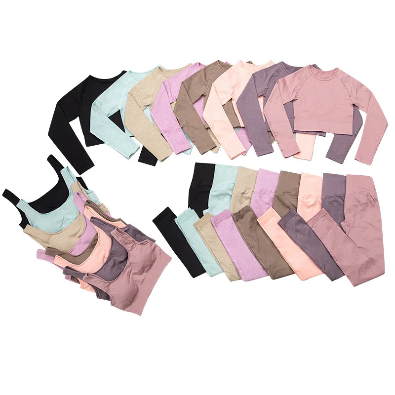 

ASHEYWR 2/3Pcs Seamless Fitness Set Women High Waist Slim Workout Leggings Sets Female High Elastic Push Up Bras Top Suit Femme