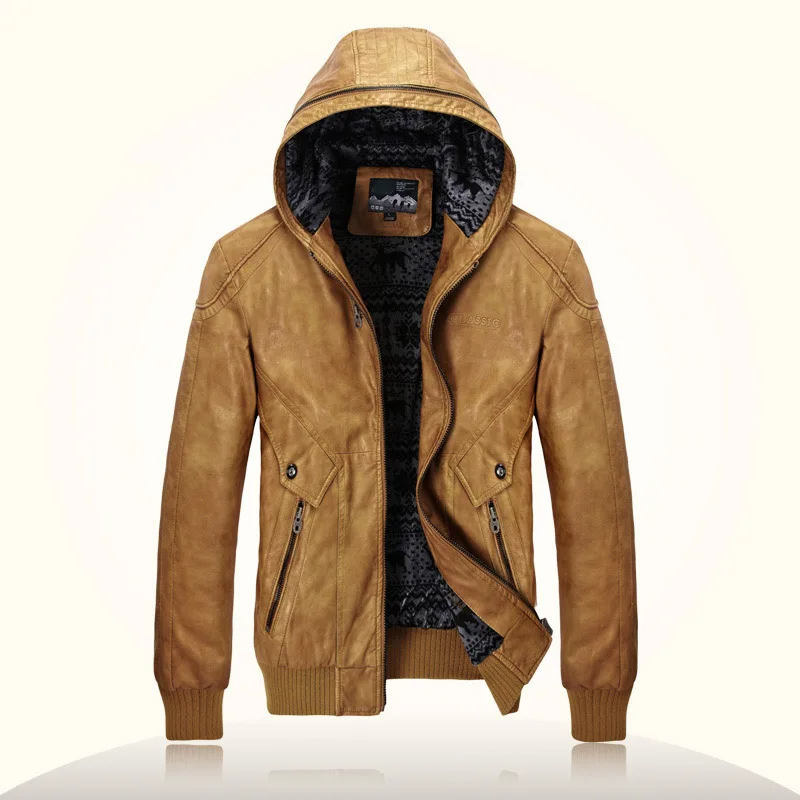 

Winter Autumn Jacket Men Hooded Pu Leather Jacket Men Fleece Motorcycle Jackets Suede Bomber Jackets Leather Coats Multi Pockets