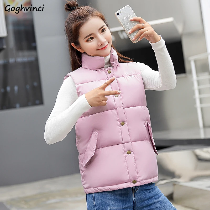 

Vests Women Single Breasted Solid Stand Collar Pockets Simple Warm Womens Down Jacket Light Waistcoat Casual Females Outwear