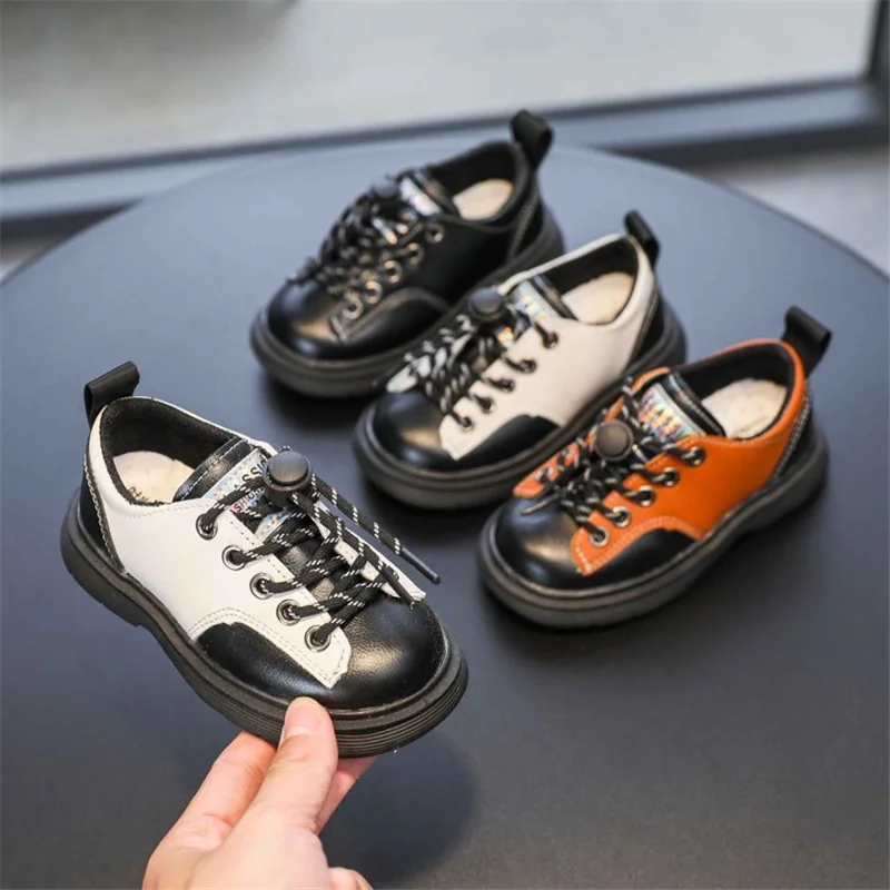 

2021 Spring And Autumn Baby Boys Shoes Children British Style Flats Casual Leather Shoes Lace-up Black Shoes Simple Size 21-30