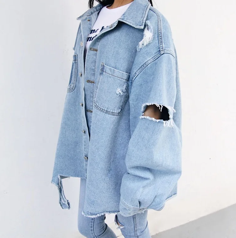 Женские рваные джинсовые куртки и пальто модная Свободная джинсовая куртка