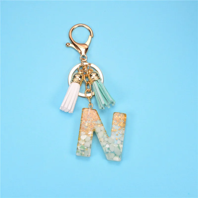 

ZOSHI Fashion 26 Letters Resin Keychains for Women Gold Foil Bag Pendant Charms Handbag Accessories Tassel Key Rings