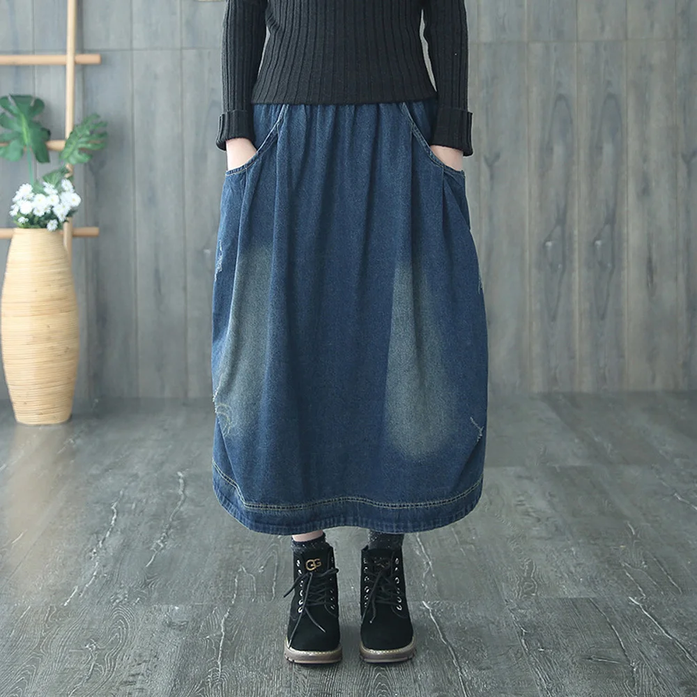 Осень зима более Размеры d синие джинсы макси юбки для женщин в винтажном стиле