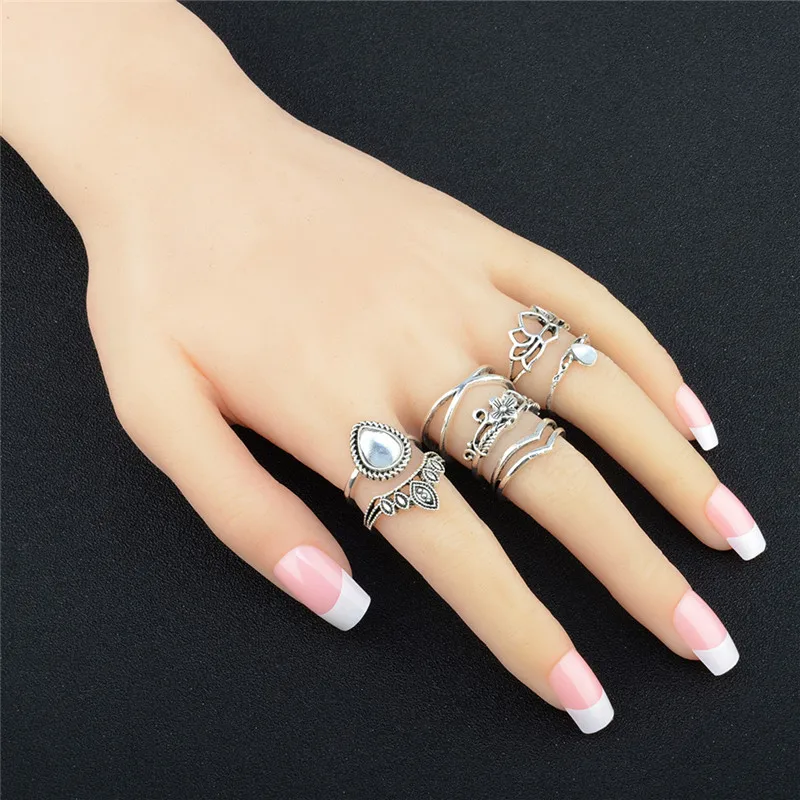 Sindlan 7 шт. стразы лотос очаровательные кольца для женщин Ретро стиль серебряный