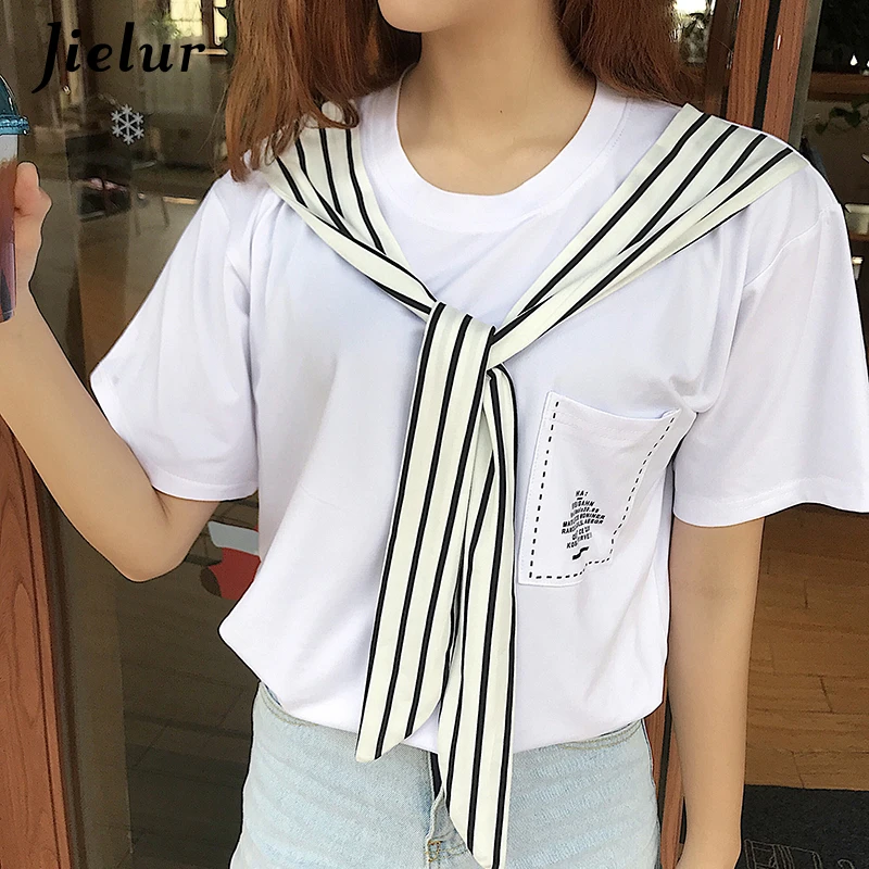 Jielur T-shirts for Women College Student Young Chic Pocket Striped Sailor Collar Top Summer White Letter Kawaii Tee Shirt Femme | Женская