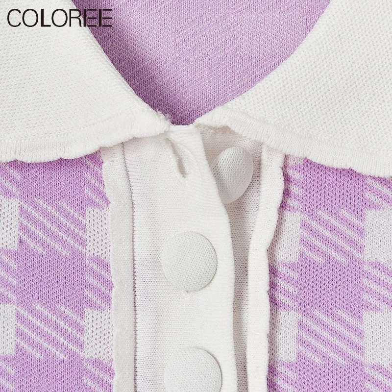 

Vintage Purple Plaid Set Women 2021 Summer Elegant Short Sleeve Knitted Top+mini Skirt Two Piece Set