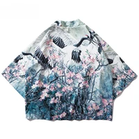 2020 hip hop japanese kimono jacket men crane floral front open coats summer harajuku loose shirt japan streetwear