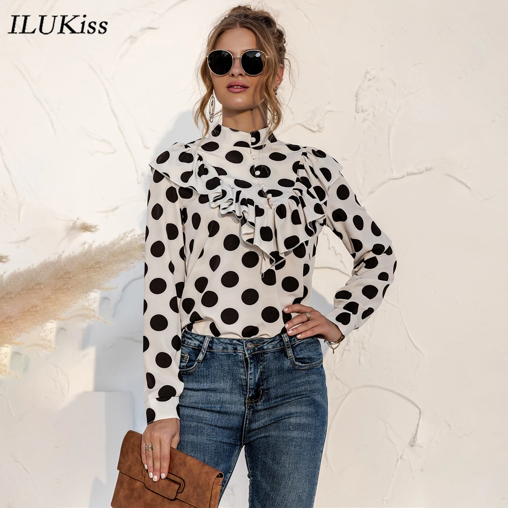 

2021 Fashion Long Sleeve Blouses For Women Polka Dot Print Casual White Ruffles Shirts Top Femme Ladies O Neck Tops And Bloues