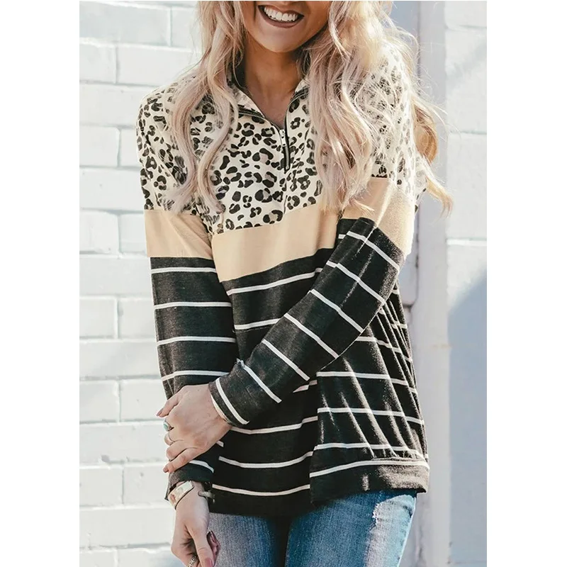 

High Quality Casual Long Sleeve Women Zip Hoodies Leopard Patchwork Pullovers