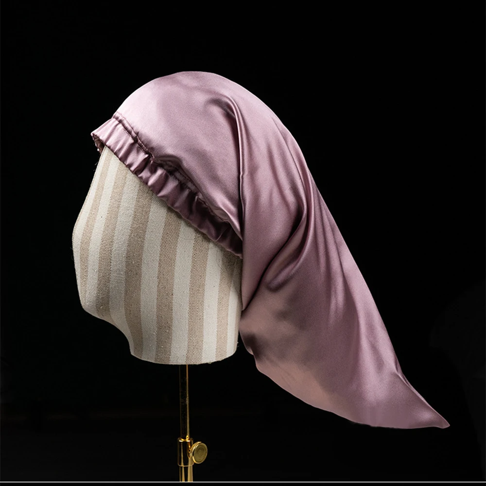 100% Silk Sleeping Cap Night Sleep Cover for Women with Elastic Ribbon Hair Care Long 19 Momme |