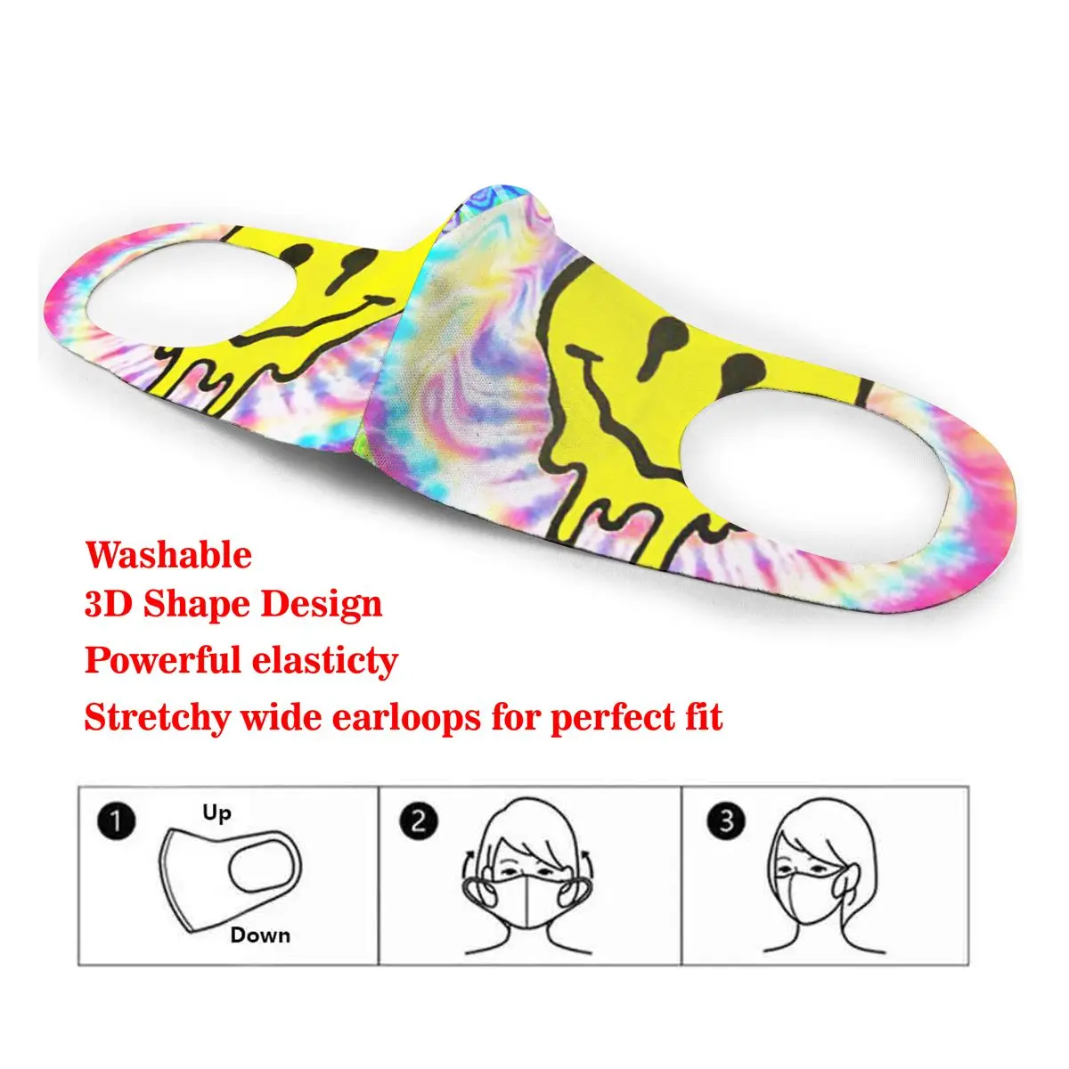 

Dust Mask Tie Dye Acid Trippy Smiley Face Mouth Face Cover Respirator for Adult Kid Washable Reusable Anti Pollution