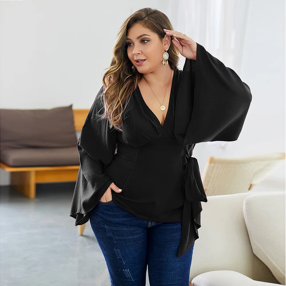 Женская футболка Fadzeco с V образным вырезом Осенний длинный расклешенный рукав