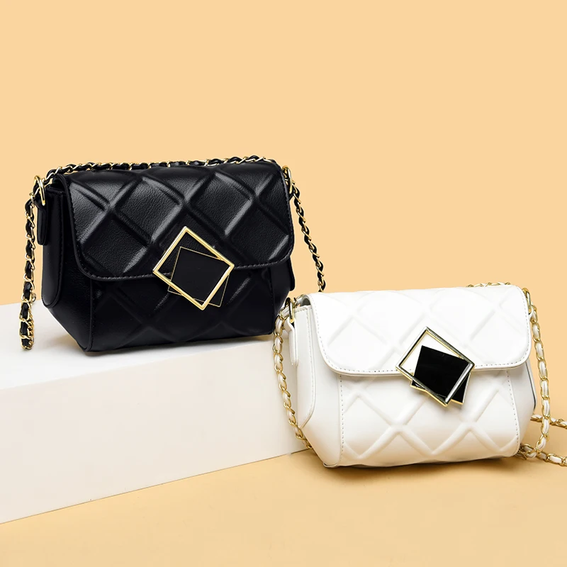

2021 White Chain Pu Leather Crossbody Bags for Women 2021 Small Shoulder Simple Special Lock Design Female Travel Handbags Sac