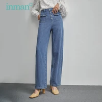 inman autumn womens jeans fashion high waist buttons big pockets design casual straight denim trousers