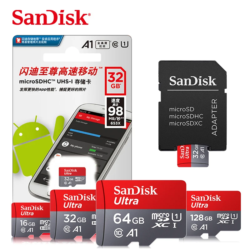 

SanDisk 64GB Memory Card 128GB Class 10 Microsd 16GB 32GB SD Card 98MB/s UHS-I A1 Card + Adapter + Card reader Standard Shipping