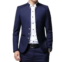mens suit 2 piece set slim fit jacket pants wedding banquet male stand collar solid color business casual blazer coat trousers