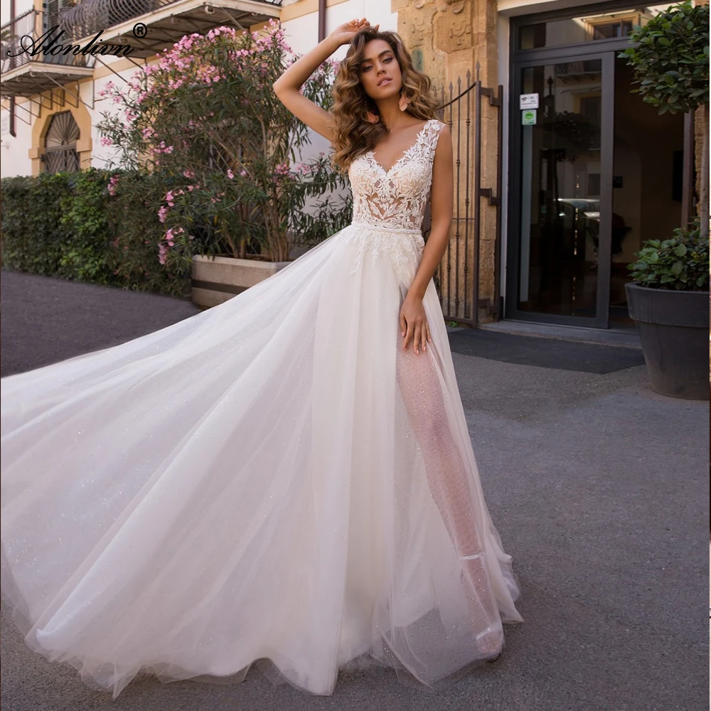 

Alonlivn Shiny Tulle A-Line Wedding Dresses New Arrival Appliques V-Neck Backless Beading Sashes Bridal Skirts