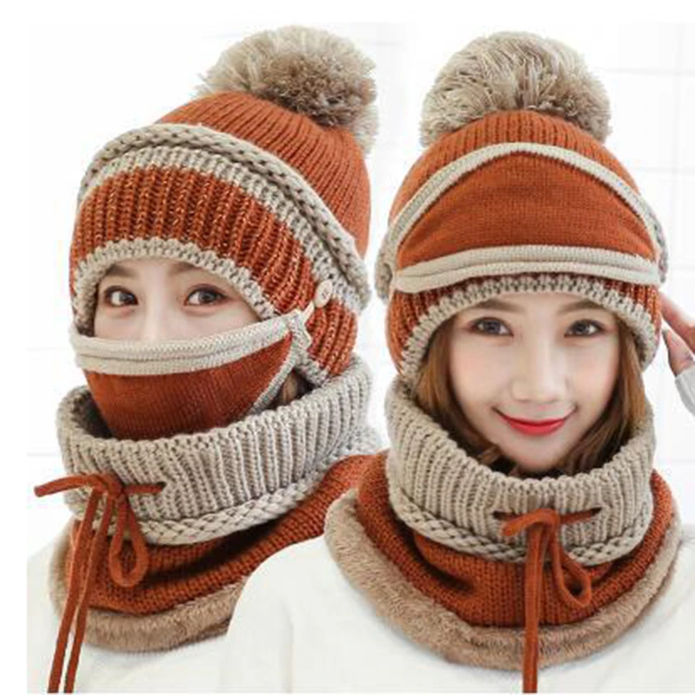 

Face Mask Scarf Hat 3 Pieces Winter Women'S Brushed And Thick Knitted Warm Ear Protection Color Mixture Wool Cap Suit