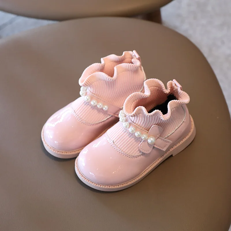 

Princess Shoes for Girls Wool Mouth Short Boots Baby Small Leather Boots 2021 Autumn New Korean Style Girls Pearl Sock Shoes