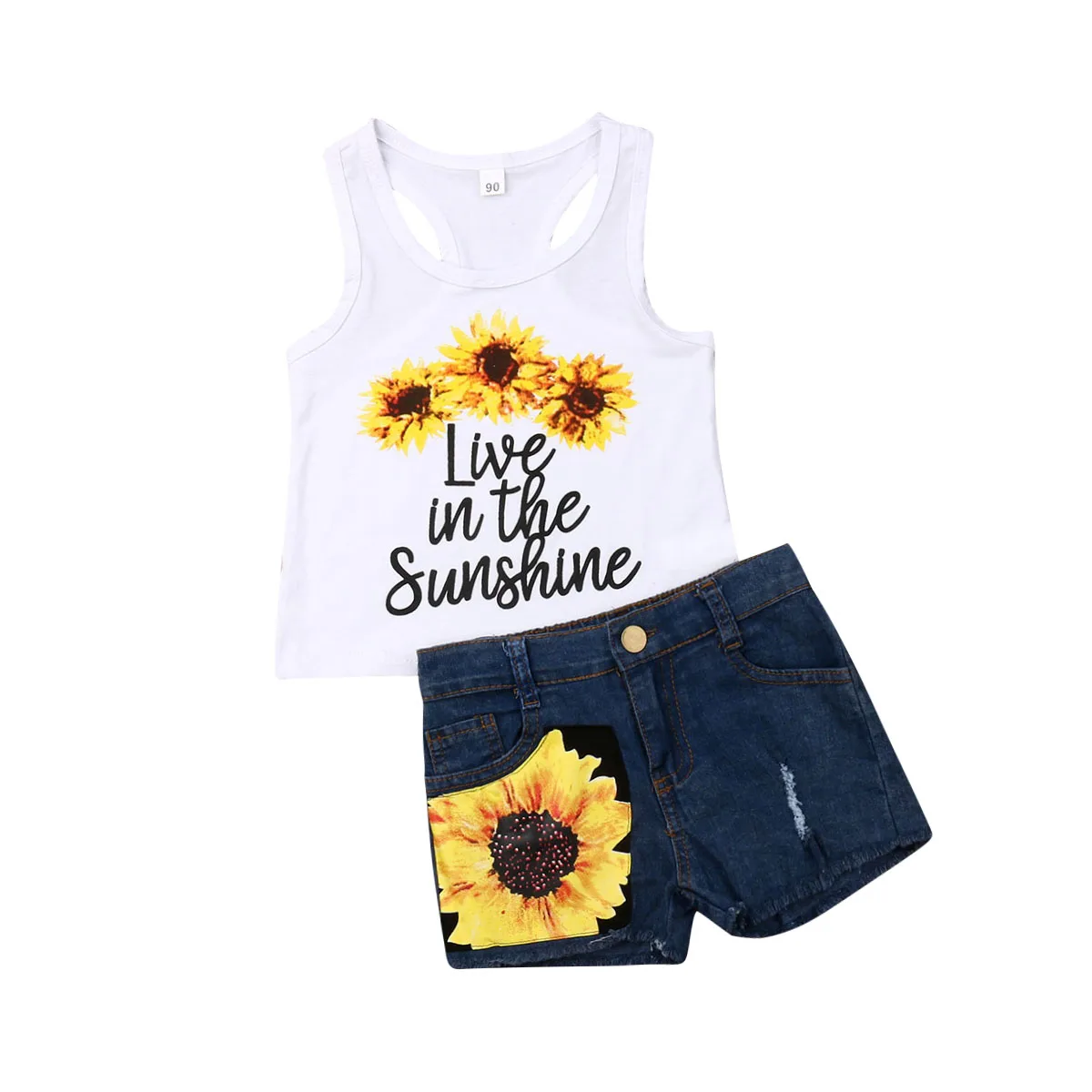 

Summer Lovely Kids Baby Girls Sunflowers Sets Clothes Sleeveless Tank Tops +Hole Denim Shorts Girl 2Pcs 1-6Y