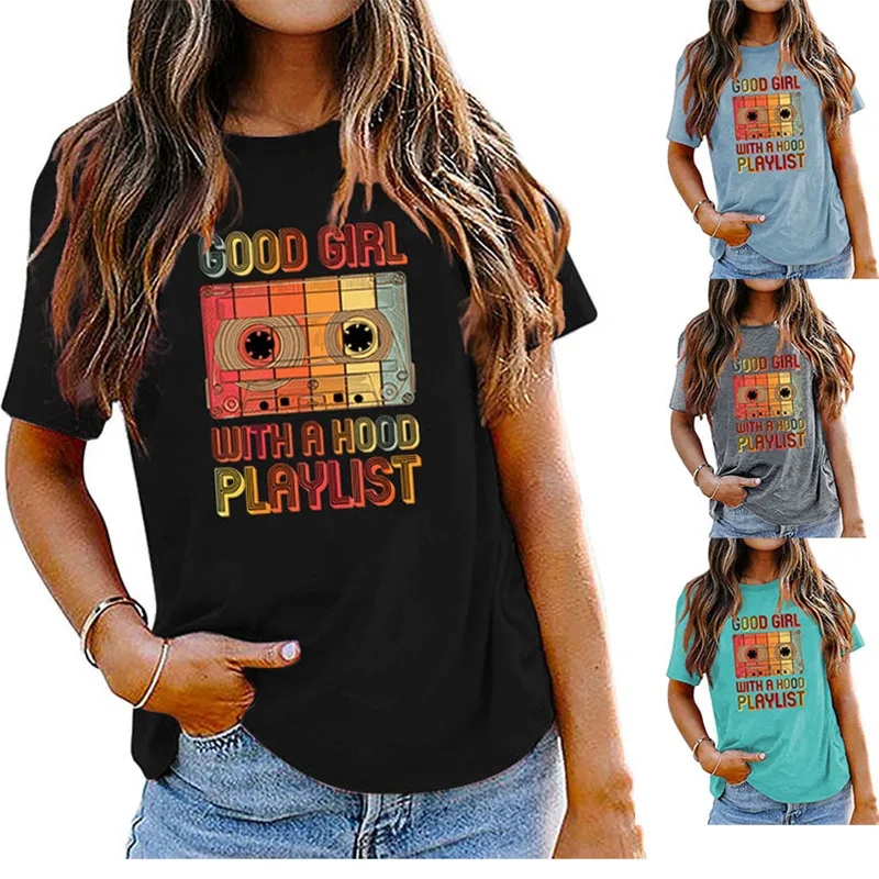 

Новая женская футболка в стиле ретро, рубашка с круглым вырезом, уличная Свободная Повседневная хлопковая рубашка большого размера с корот...