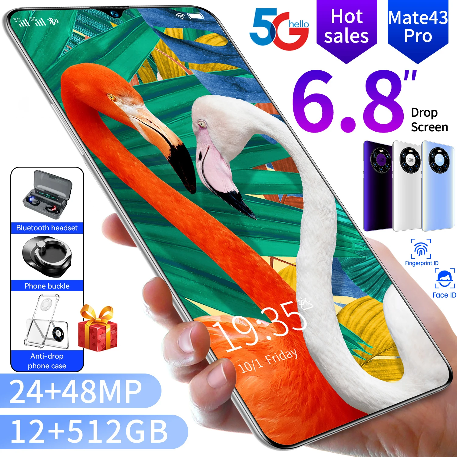 

Mate43 Pro 6.8 Inch 12-512GB Smartphones 24MP+48MP Celular Android 10 6000mAh Ten Core Really MTK6889 5G Dual SIM Global Version