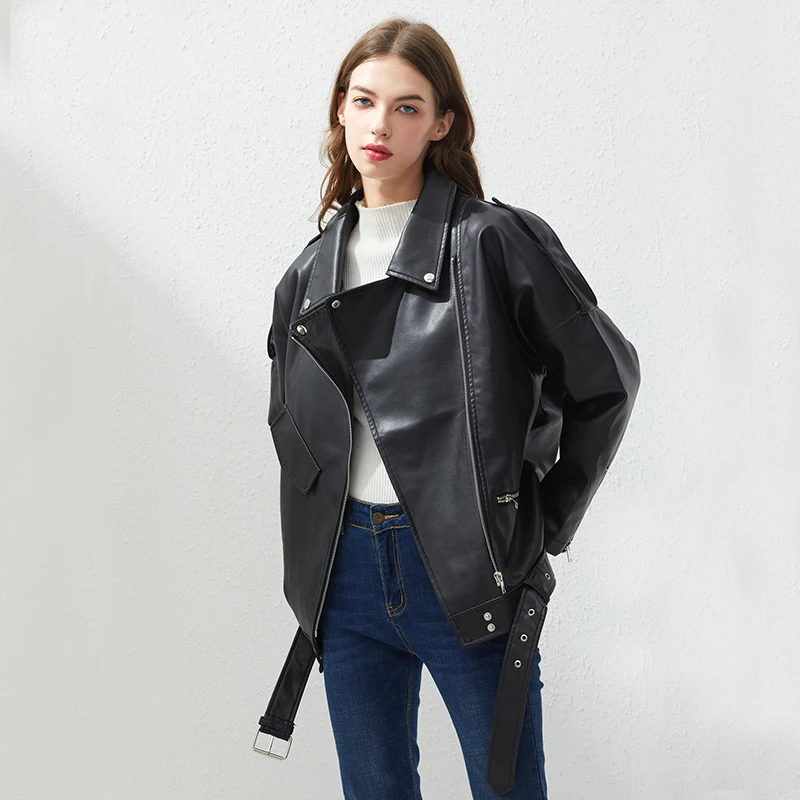 Fitaylor PU Faux Leather Jacket Women Loose Sashes Casual Biker Jackets Outwear Female Tops BF Style Black Leather Jacket Coat enlarge