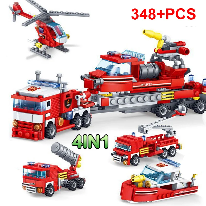 348 шт. пожарные машины вертолет лодка строительные блоки подходят для Legoing City Bricks