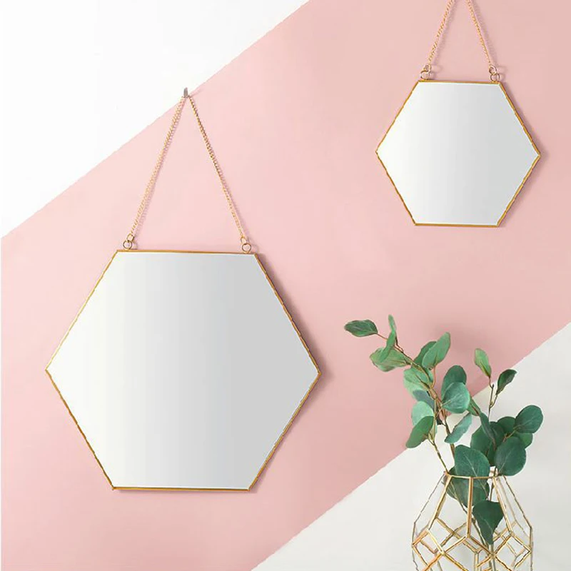 

High Quality Geometric Bathroom Mirror Gold Brass Hexagon for Home Living Room Bedroom Decor