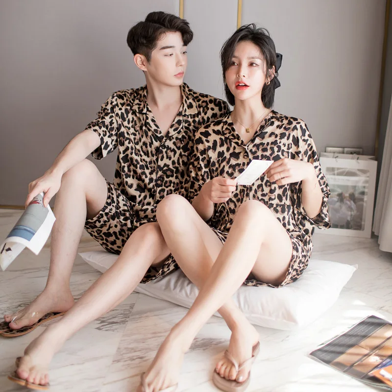 

FZSLCYIYI Summer New Fashion Leopard Couple Pajama Sets Imitated Silk Fabric Pyjama Suit Nightwear Lovers' Short Sleeve Shorts