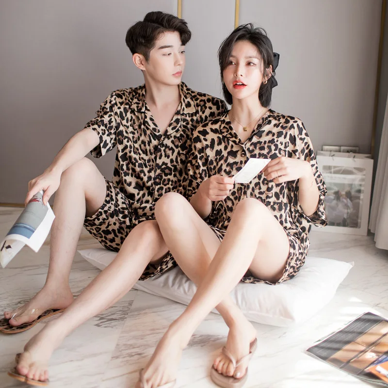 FZSLCYIYI Summer New Fashion Leopard Couple Pajama Sets Imitated Silk Fabric Pyjama Suit Nightwear Lovers' Short Sleeve Shorts | Мужская