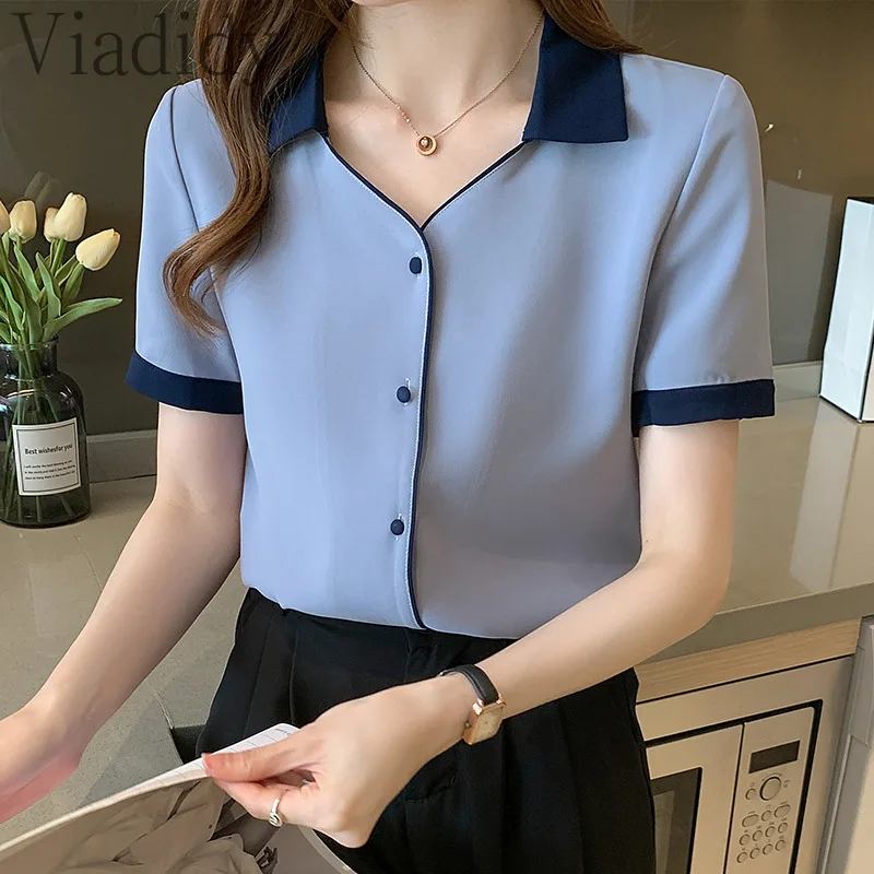 

Summer Women Chiffon Work Shirt Colorblock Short Sleeve Casual Slim Blouse