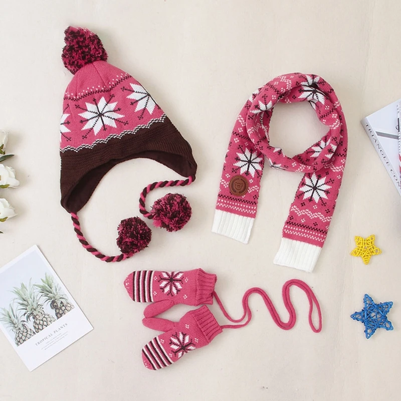

3Pcs Kids Winter Warm Fur Ball Pompon Beanie Hat Ear Protector Cap Snowflake Long Scarf Gloves Set for Children Girls Boys