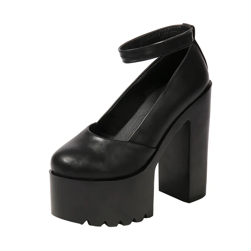 

Genuine Leather Black Temperament High-Heeled Ladies College Spring And Autumn European And American Waterproof Platform.