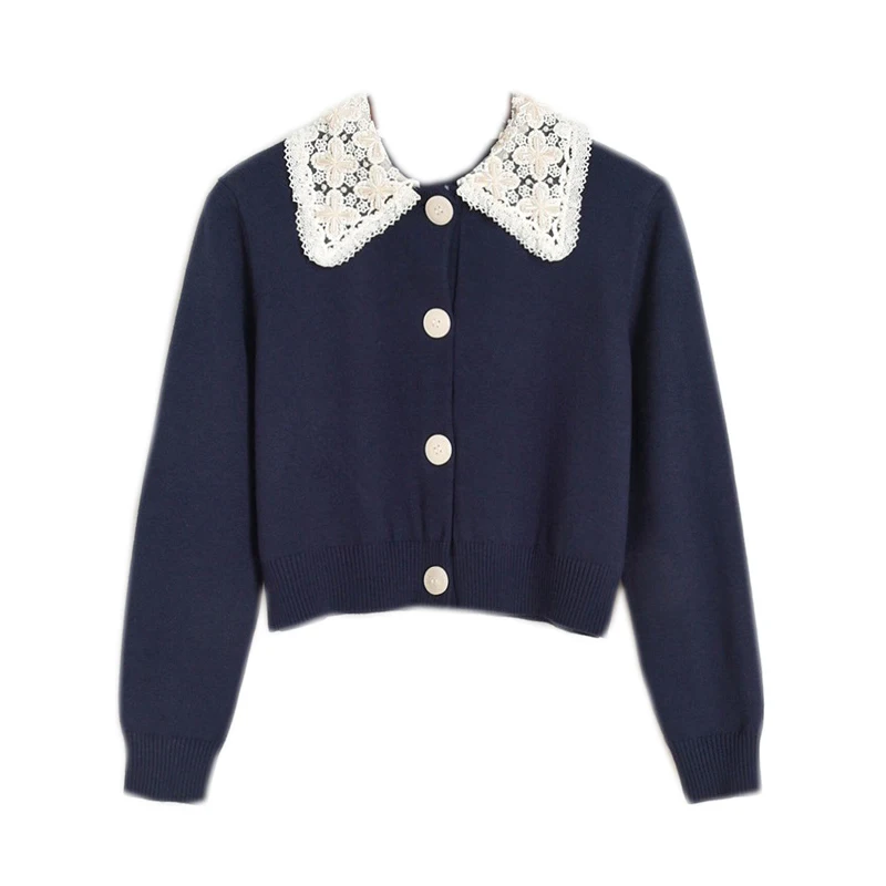 

Spring Female New Luxury Brand Designs Turn-Down Collar Coat Ladies Sweet Embroidery Lace Open Stitch Long Sleeve Jacket