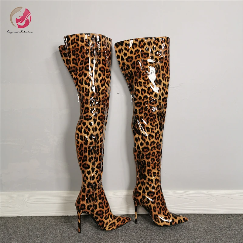 

Original Intention Stylish Sexy Thigh High Patent Leather Leopard Boots Woman Pointed Toe Mature Thin High Heels Long Boots Sexy