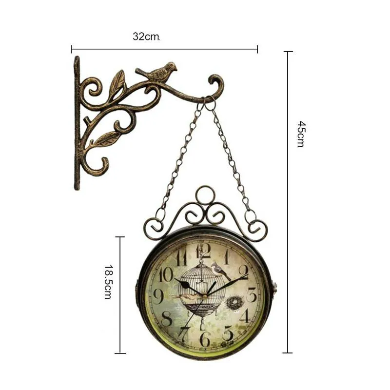

Retro Double Sided Wall Clock Simple Silent Quartz Clock Wrought Iron Round Clock For Living Room Home Decoration